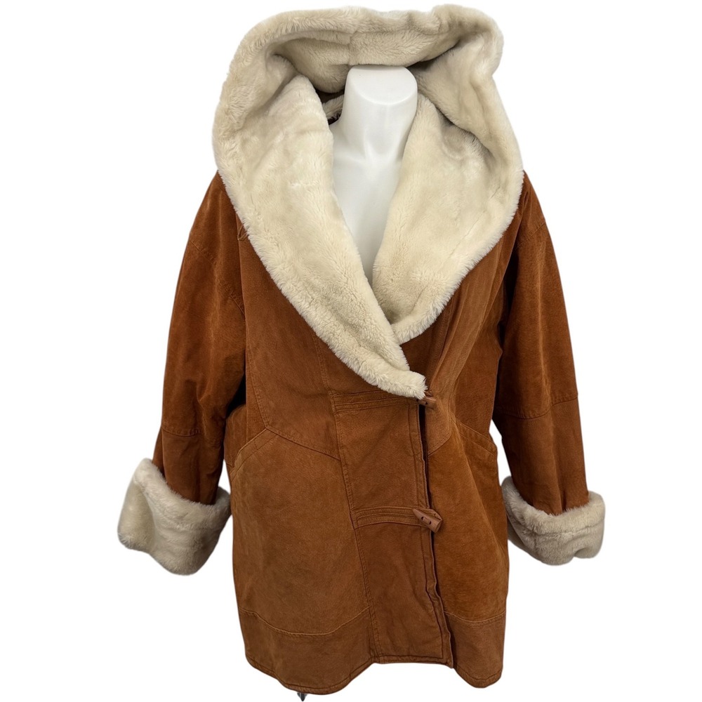 Omint Y2K Suede Faux Fur Coat Leather Hooded Penny Lane Women 2X Brown 90s Long